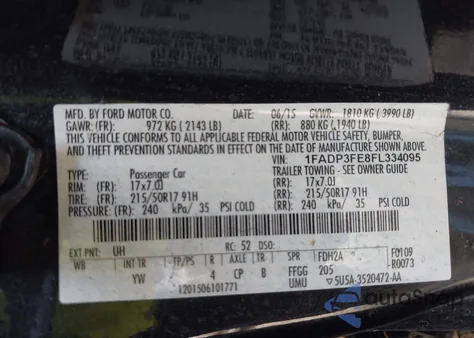 2015 Ford Focus Se z USA, uszkodzony, nr VIN 1FADP3FE8FL334095